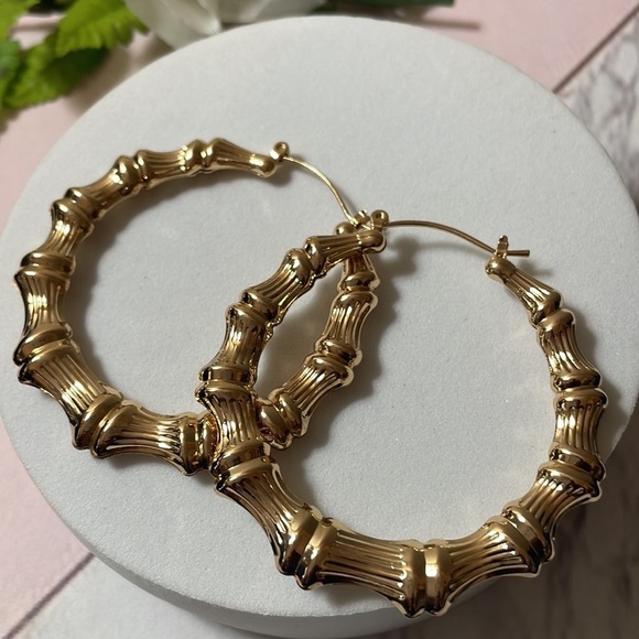 Gold Exaggerated Bamboo Hoop Earrings - Picture 5 of 10